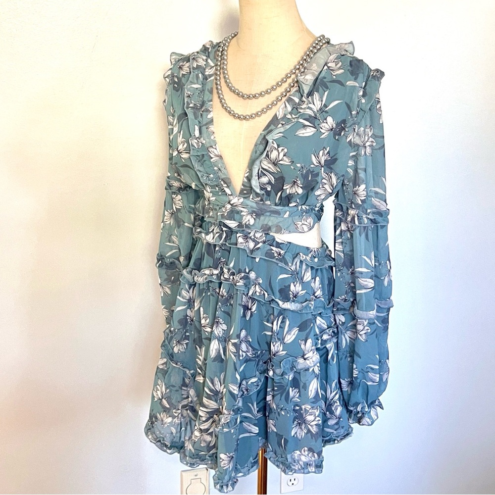Luxxel Blue Floral Chiffon Two-Piece Illusion Dress Lace-Up Back,Ruffle Size L - Picture 7 of 11